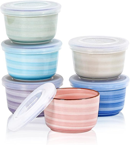Selamica Ramekins with Lids, 6 oz Ramekins Oven Safe for Creme Brulee, Souffle, Porcelain Custard Cups for Baking, Stackable Ramekin Bowls for Pudding, Dipping, Set of 6, Gradient Color