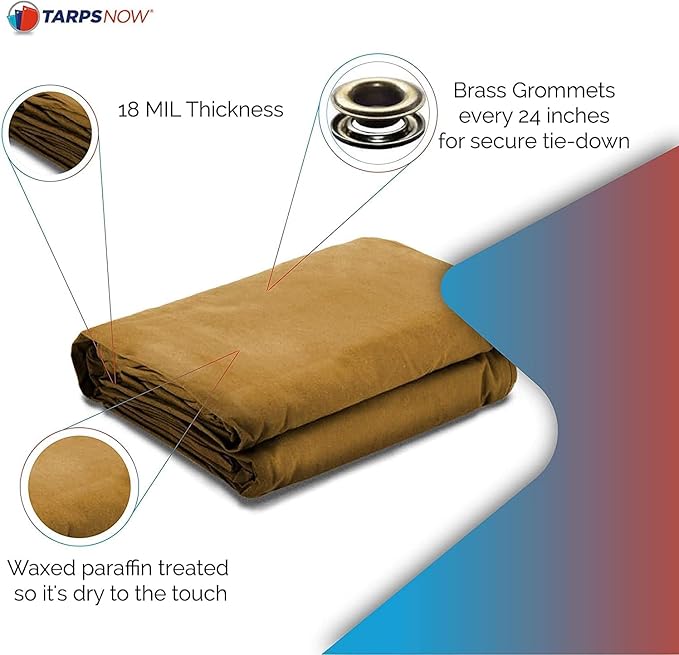 Tarps Now 10x10 ft Heavy Duty Canvas Tarp | 18 MIL Industrial Grade, Tear Resistant, Reinforced Edges, Nickel Plated Grommets | Ideal for Construction, Trucking, Manufacturing, Automotive – Tan Color