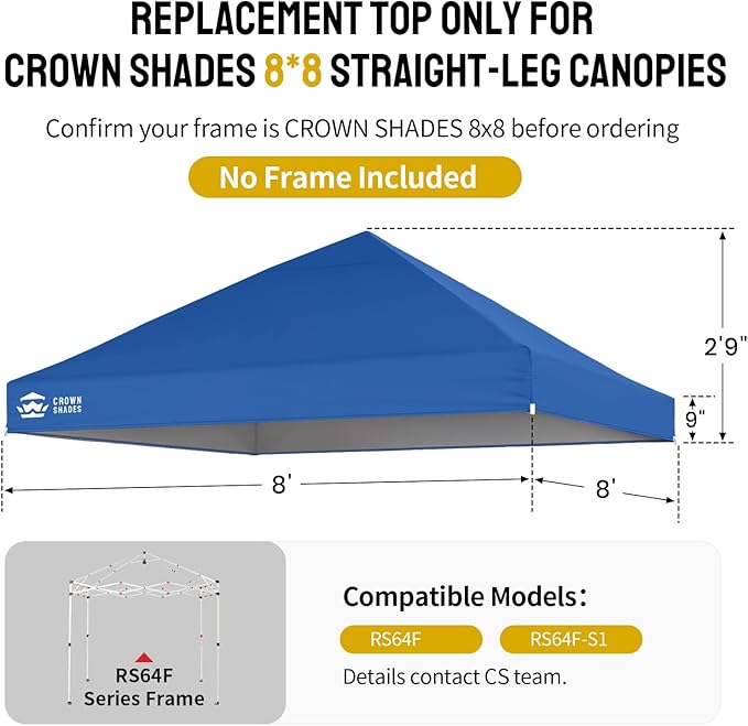 CROWN SHADES 8x8 Canopy Replacement Top - Only Compatible with Crown Shades RS64F Series, Silver Coated with Air Vent, Blue (Top Only)