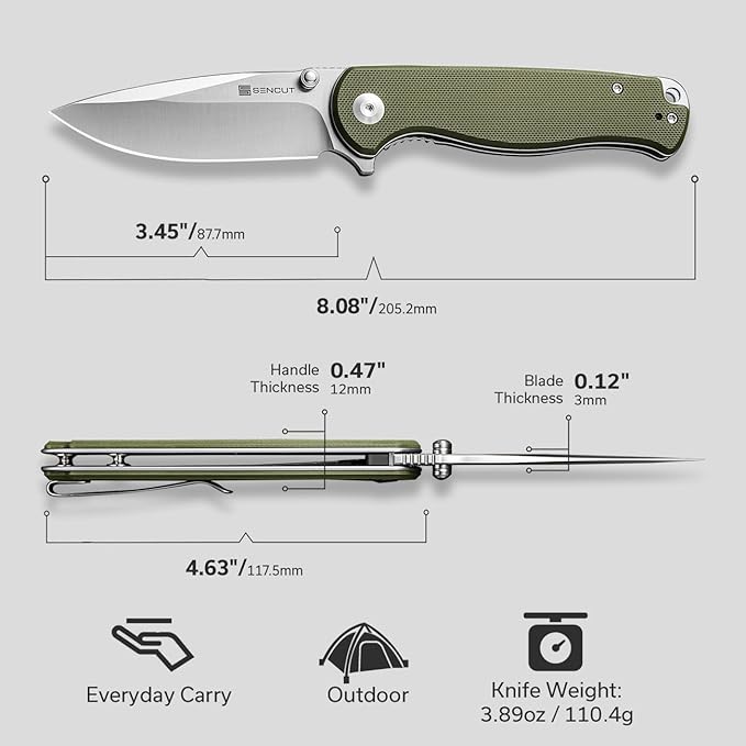 SENCUT Errant Pocket Knife, Camping Folding Knife with G10 Handle and 3.45" 9Cr18MoV Blade, EDC Knife for Outdoor Work S23054B-2(OD Green)