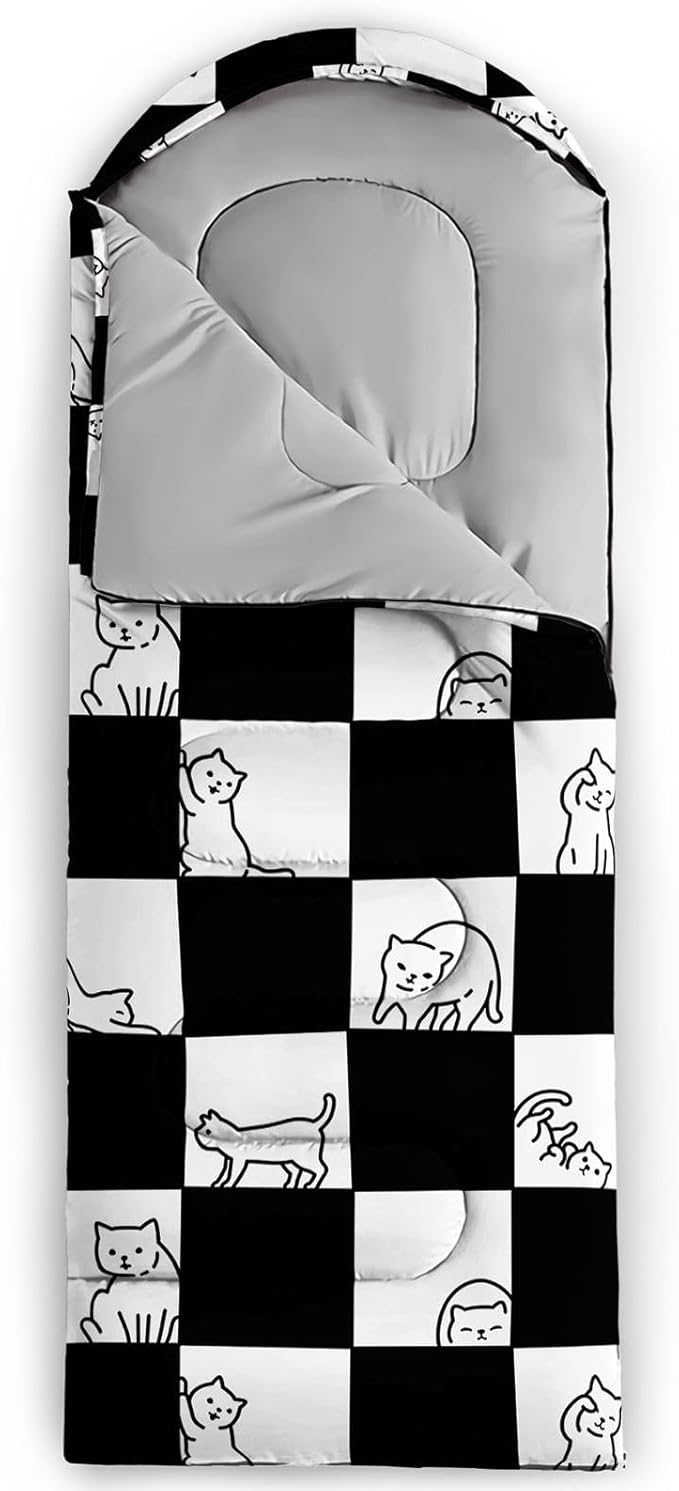 Kids Sleeping Bag for Boys Girls,Checkerboard Cat Print-Lightweight Warm Portable Outdoor Indoor-Waterproof Cold Weather Resistant Sleeping Bag for Camping Hiking
