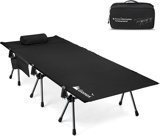 Gonex 31.5" Extra Wide Camping Cot with Leg Extenders 2 in 1 Portable Folding Cot for Adults Height Adjustable Supports 350lbs Sleeping Bed for Backpacking Travel Beach Home, Black