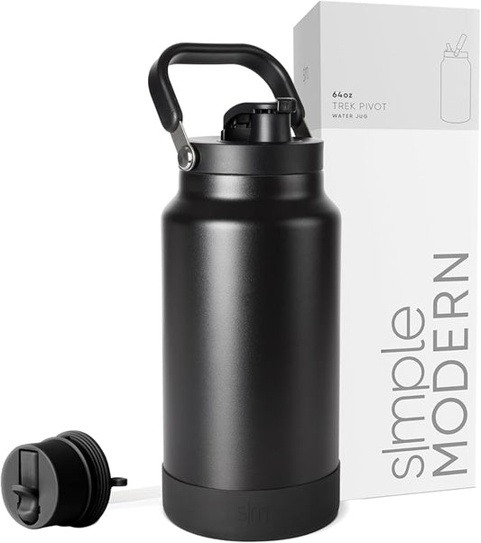 Simple Modern Trek Pivot | Half Gallon Water Bottle Jug with Handle & Boot | Interchangeable Straw & Chug Lids | Large Insulated Stainless Steel | Sports Camping Outdoors | 64oz, Midnight Black