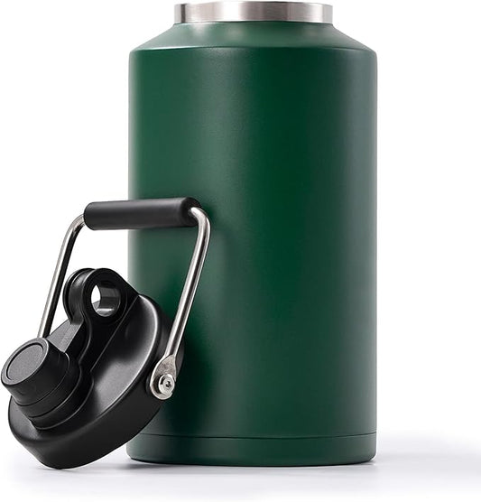 Kerilyn Insulated Jug with Handle, One Gallon, 128oz Stainless Steel, Large Double Vacuum Water Bottle for Hot & Cold Drinks, Wide Mouth, Sweat Proof, Great for Travel, Hiking & Camping, Green