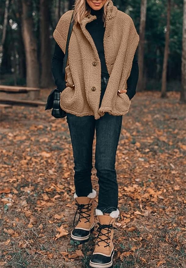 Hongqizo Womens Fuzzy Fleece Vest Casual Oversized Warm Button Down Sherpa Vest Jacket with Pockets