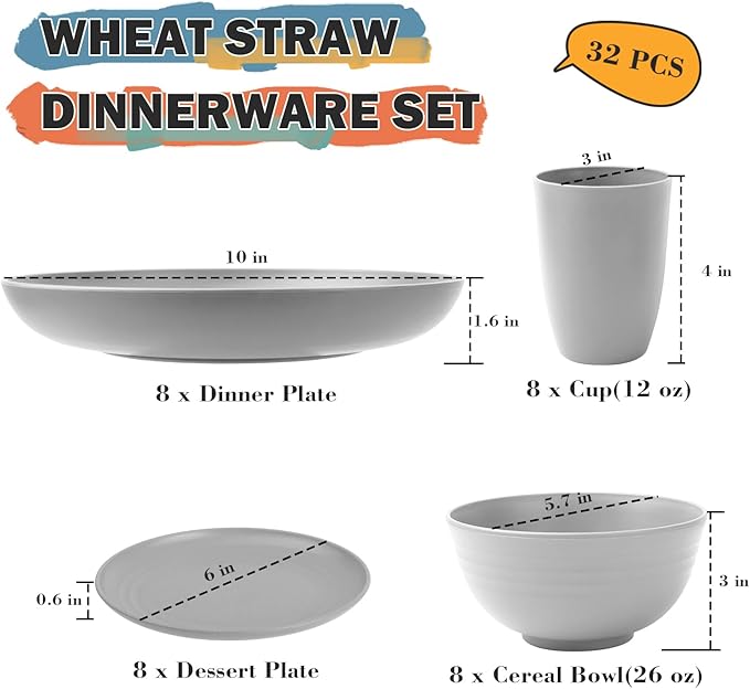 Wheat Straw Dinnerware Sets, Plates and Bowls Sets, 32 PCS Dinnerware Sets Service for 8, Unbreakable Reusable Plates Set, Outdoor Kitchen and Apartment Dinning Essentials - Gray