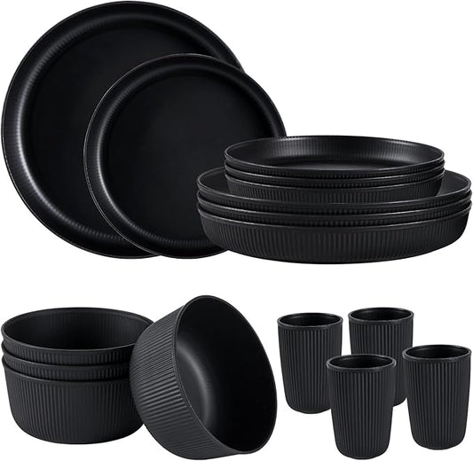 Reusable 16 Pcs Wheat Straw Dinnerware Sets Plastic Plates And Bowls Sets Unbreakable Dinnerware Set Dishes for 4 Microwave Safe Plates Cereal Bowls Tableware For Camping Party