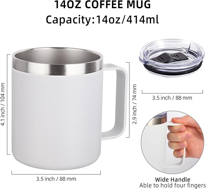 Volhoply 14oz Insulated Stainless Steel Coffee Mug with Lid Bulk 4 Pack,Double Wall Vacuum Travel Coffee Cup with Handle,Reusable Cups Tumbler,Camping Mugs Keep Hot,Ideal Gifts(Assorted,4)