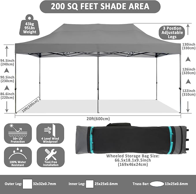 COBIZI 10x20 Pop Up Canopy Without Sidewall,Heavy Duty Canopy UPF 50+ All Season Wind Waterproof Commercial Outdoor Wedding Party Tents for Parties Gazebo with Roller Bag(10 x 20 ft Gray)