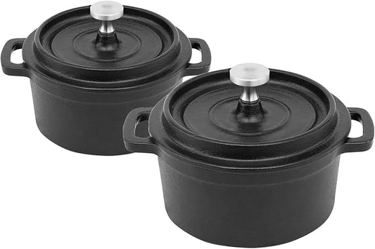 Mini Cocotte 24 oz Mini Dutch Oven 0.75 qt. Cast Iron Garlic Roaster for Oven Garlic Confit Pot Ramekins with Lids Oven Safe Set of 2, Black
