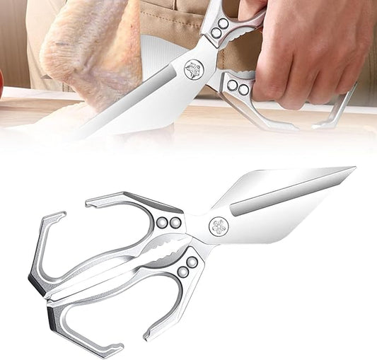 Seattleget Multifunctional Heavy-Duty Kitchen Shears, Ergonomic Heavy-Duty Kitchen Scissors, Household Food Scissors, Suitable for Cutting Meat, Seafood and Small Bones (Silver)