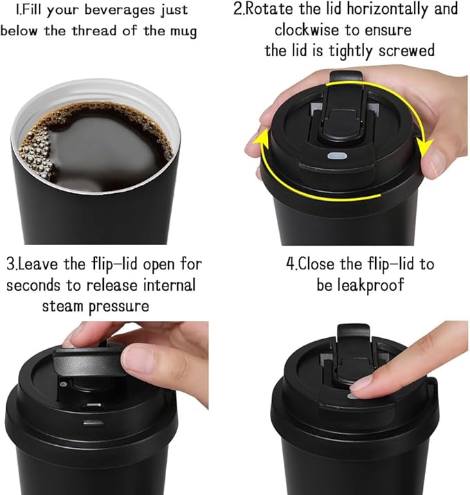 Funkrin Coffee Travel Mug with Straw & Flip Lid, 16oz Insulated Tumbler Cup with Ceramic Coating, Double Wall Vacuum Leak-Proof Mug for Office School Party Camping