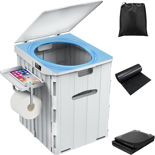 XL Portable Toilet for Adults, 15.4" H Foldable Camping Toilet with Detachable Phone Shelf and Toilet Paper Holder, Waterproof Porta Potty with Lid for Hiking, Long Road Trips, Car