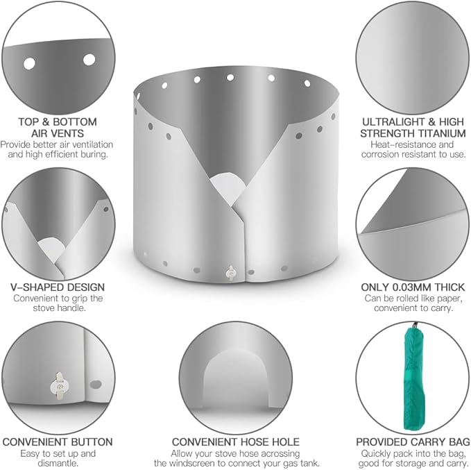 HXBER Ultralight Ultra-thin Titanium Outdoor Camping Stove Wind Shield Screen Windproof Plate, 19