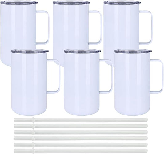 6 Pack 20 oz Sublimation Tumblers with handle Coffee Blanks, with Lid and Straw Cups Blank Bulk, Straight Skinny Insulated Cup Stainless Steel Water Bottle for Craft DIY…