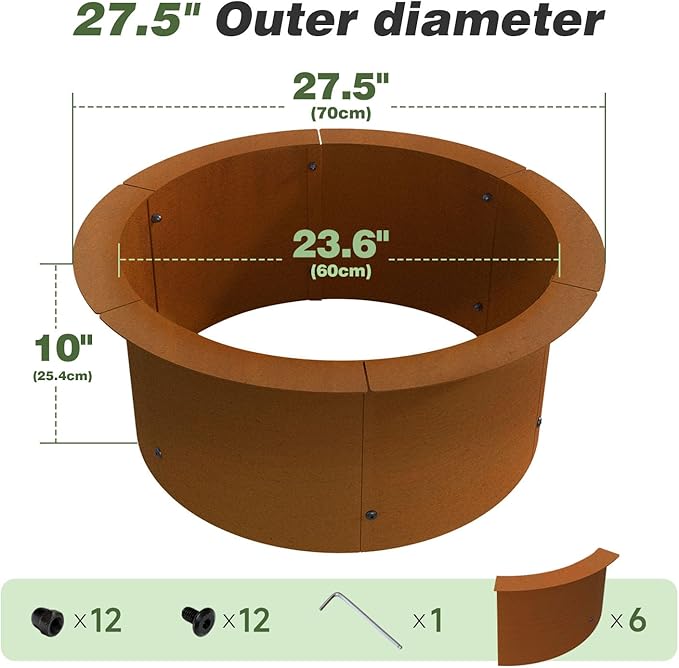 Outdoor Fire Pit Ring-27.5" Outer 23.6" Inter-Round Fire Pit Insert-Corten Steel Firepit Liner Heavy Duty Metal Camping Fire Ring Above or In-Ground for Backyard Garden Bonfire