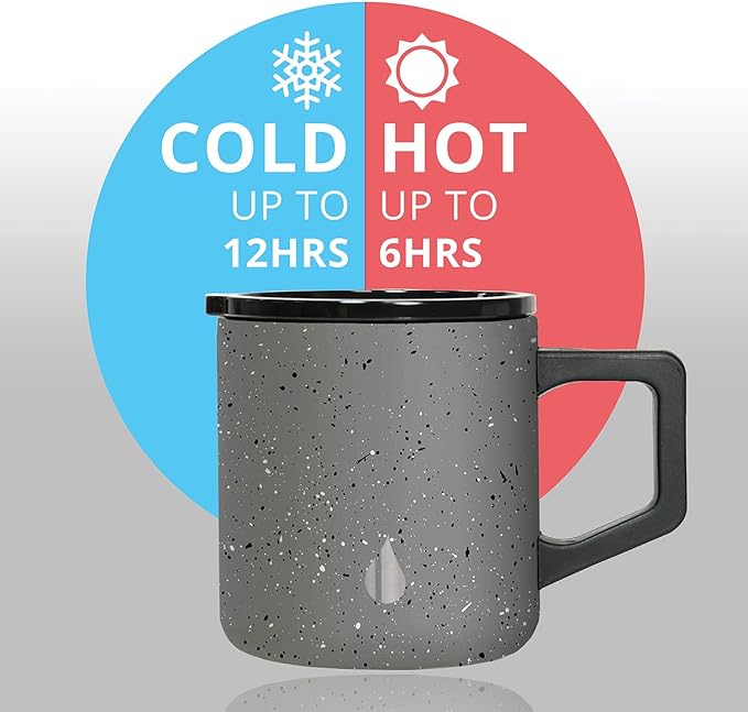 Elemental Insulated Coffee Mug - Triple-Wall Stainless Steel Summit Travel Cup for Hot and Cold Drinks - Thermal Coffee Mug with Lid and Handle for Camping, Office & Travel 12oz - Grey Speckle