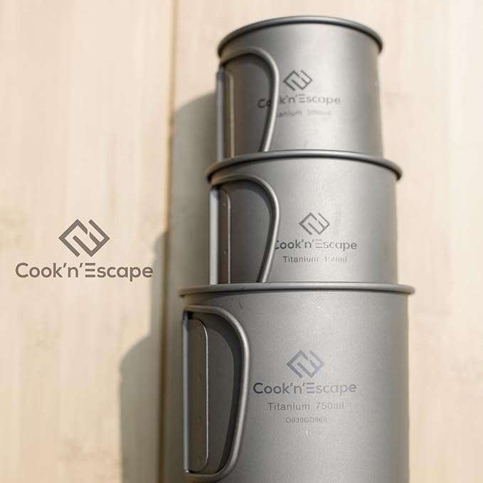 COOK'N'ESCAPE 450ml Camping Mug, Small Titanium Cup with Lightweight Backpacking Coffee Mug Foldable Handle for Outdoor Hiking Picnic Open Fire Cooking