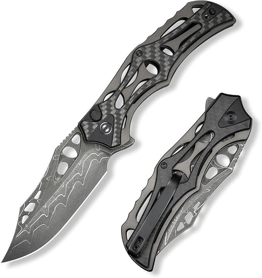CIVIVI Pocket Knife for Men, Biophase Flipper Tactical Folding Knife, 3.48" Damascus Blade Aluminum with Carbon Fiber G-10 Handle, Lightweight Skeletonized EDC Knife for Camping Hunting, C23083C-DS1
