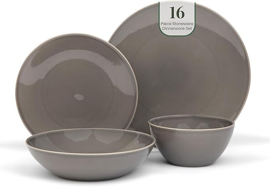 Larder & Vine Ceramic Stoneware Dinnerware 16-Piece Set, 4 Place Settings (French Gray)