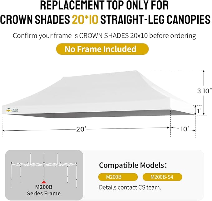 CROWN SHADES 10x20 Canopy Replacement Top - Only Compatible with Crown Shades M200B Series, Canopy Top Cover with Air Vent, White (Top Only)