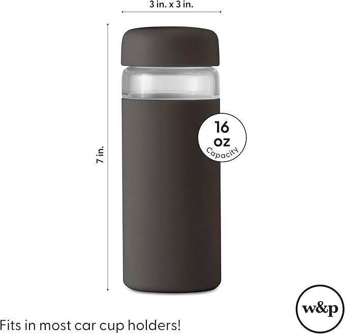 W&P Porter Glass Wide Mouth Bottle w/ Protective Silicone Sleeve | Cream 16 Ounces | On-the-Go |Reusable Bottle | Portable and Lightweight | Dishwasher Safe