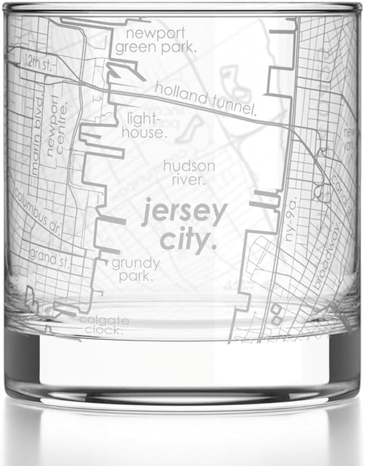 Well Told Engraved Jersey City New Jersey Map Rocks Glass, Old Fashioned Glassware (11 oz, Clear) Etched Bourbon Tumbler, Gifts For Whiskey Lovers