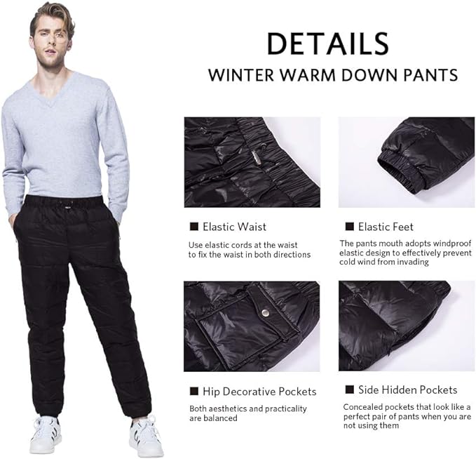 Men's Winter Warm Loose Utility Down Pants Sassy High Waisted Nylon Compression Snow Trousers