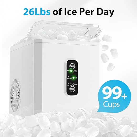 Aeitto Ice Makers Countertop, 9 Ice Cubes Release in 6 Mins, 26Lbs/24H, 2 Sizes of Bullet Ice Machine,Self-Cleaning Portable Ice Maker with Ice Scoop and Basket for Home Kitchen Office Bar RV, White