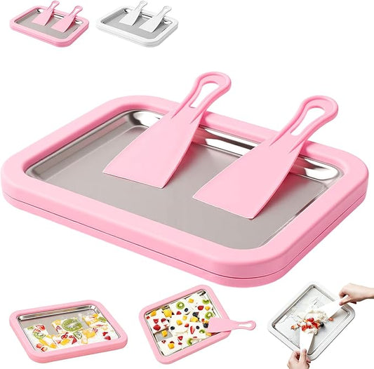 At-Home Rolled Ice Cream Maker Kit,At-Home Instant Freeze Plate with 2 Scrapers,DIY Rolled Ice Cream Tray for Kids & Adults, Ice Cream Cold Plate perfect for Family Fun,Easy Homemade Desserts (Pink)