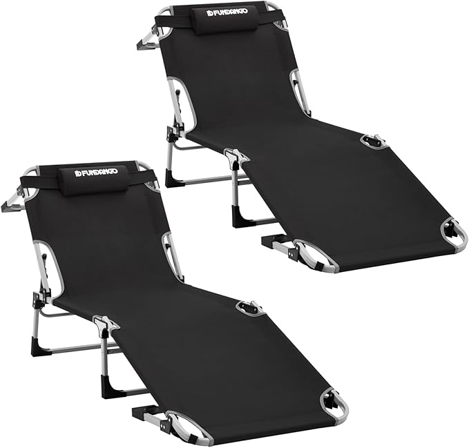 FUNDANGO 2 Pack Extra Wide Folding Lounge Chairs for Outside, Oversize Four-fold Chaise Lounger in Compact Storage for Heavy Duty Adults for Outdoor Patio Lawn