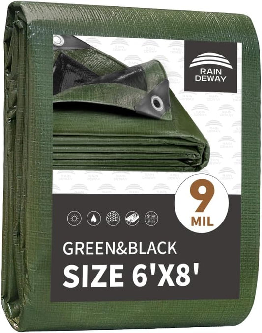 RAINDEWAY Tarps 6x8 Feet,Small Tarp Waterproof,9Mil Thick Finished Size,Multipurpose Poly Tarp Cover with Metal Grommets and Reinforced Edges,Green/Black Tarpaulin