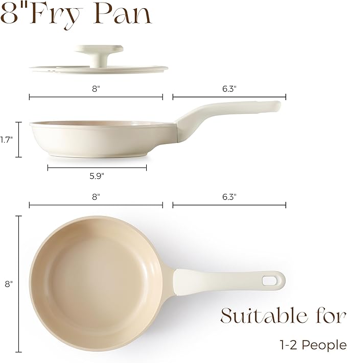 Nonstick Ceramic Frying Pan with Lid, 8/10 Inch Skillet with Stay Cool Handle, Fully Coated, 100% Dishwasher Safe, Oven Safe, PTFE PFAS & PFOA Free (8 Inch, Coconut White