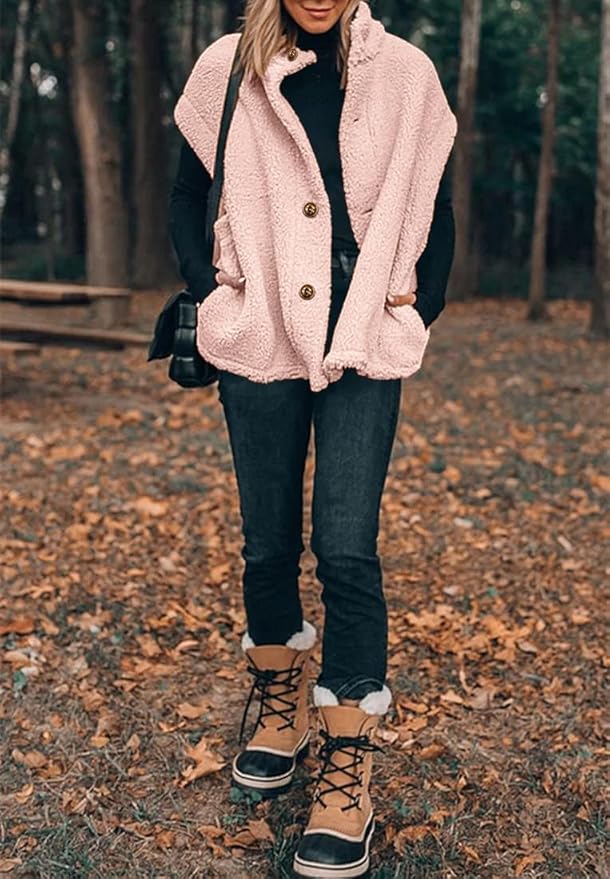 Hongqizo Womens Fuzzy Fleece Vest Casual Oversized Warm Button Down Sherpa Vest Jacket with Pockets