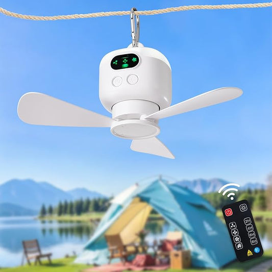 Battery Operated Ceiling Fan: 11" Portable Camping RV Tent Fan with Lights - Outdoor Hanging Rechargeable 8000mAh - Hook Type Remote Fans for Gazebo Patio Canopy Beach Dormitory Bedroom 5V/2A