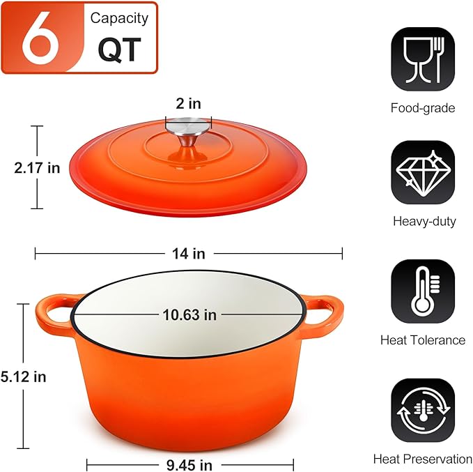 P&P CHEF 6QT Enameled Dutch Oven, Cast Iron Dutch Oven Pot with Lid for Bread Baking, Enameled Casserole Pot for Roasting Braising Stewing Frying Simmering, Various Stoves & Easy Clean, Orange