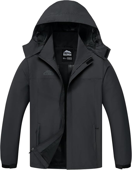 ELLSWOS Men's Waterproof Raincoat Lightweight Rain Jacket with Detachable Hood Softshell Windbreakerl for Hiking Travel
