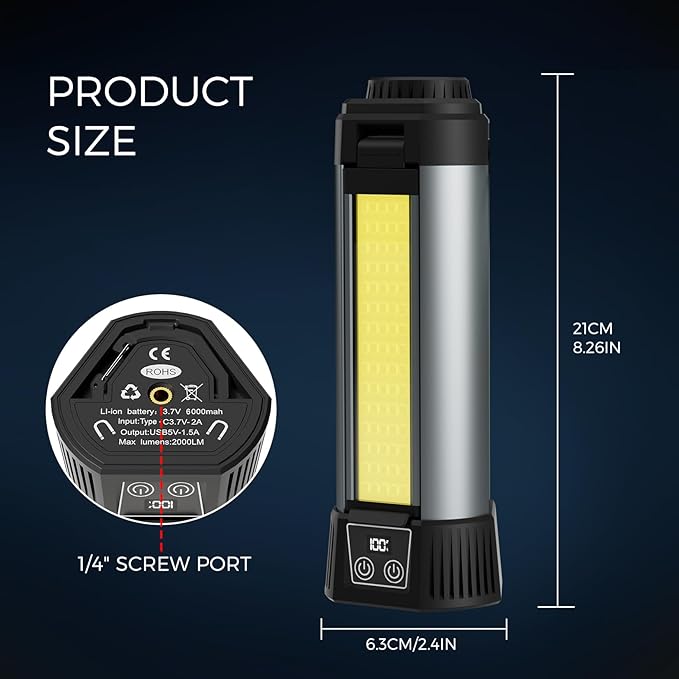 Rechargeable Work Light: Dimmable 6ah Camping Light - Cordless Work Lights 3 Page Head 500/1000/2000 Lumen for Outdoor Use Includes Magnet & Hook(No Stand)