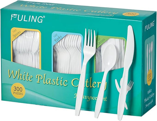 FULING White Plastic Forks Spoons Knives Heavyweight Utensils Disposable Silverware Heavy Duty Cutlery Set [300 Combo Box]