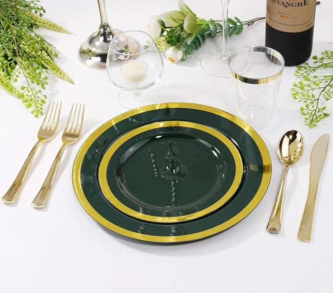 Nervure 102PCS Green Plastic Plates - Disposable Emerald Green Party Plate Include 51PCS 10.25inch Dinner Plates & 51PCS 7.5inch Dessert Plate for Wedding & Party