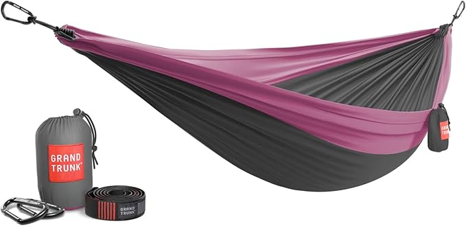 Grand Trunk Double Deluxe Parachute Nylon Hammock - 500lb Capacity Camping Hammock, 10.5x6.5ft, Lightweight & Durable (Charcoal/Magenta)
