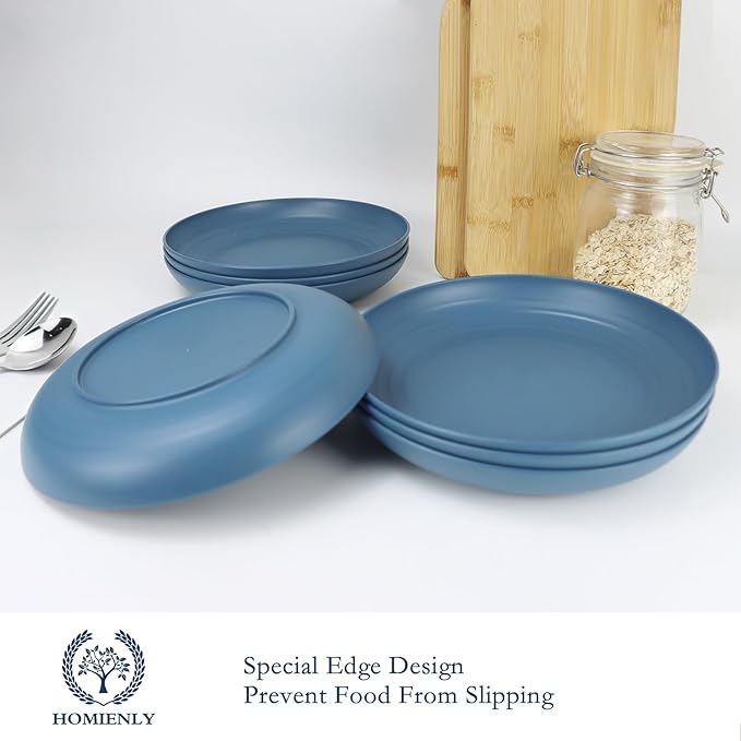 Homienly Deep Dinner Set of 12 - Alternative for Plastic, Microwave and Dishwasher Safe Wheat Straw Plates for Kitchen, Unbreakable Kids (Blue, 10 Inch)