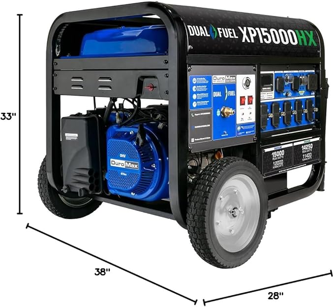 DuroMax XP15000HX 15,000-Watt Dual Fuel Portable Generator - Gas & Propane, Remote Electric Start, Whole Home Power Backup, Transfer Switch Ready, RV & Emergency Ready