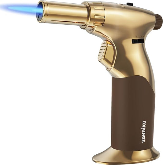 Sondiko DUAL Style Flame Butane Torch Lighter, Adjustable Flame Size Butane Lighter, Refillable Blow Torch with Continuous Flame Lock for Cooking, Butane Gas Is Not Included, Gold