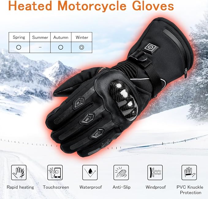 Heated Motorcycle Gloves for Men & Women - 7.4V 3000mAh Rechargeable Batteries, Electric, Touchscreen, Waterproof, Windproof, Non-Slip, Skiing, Cycling, Fishing