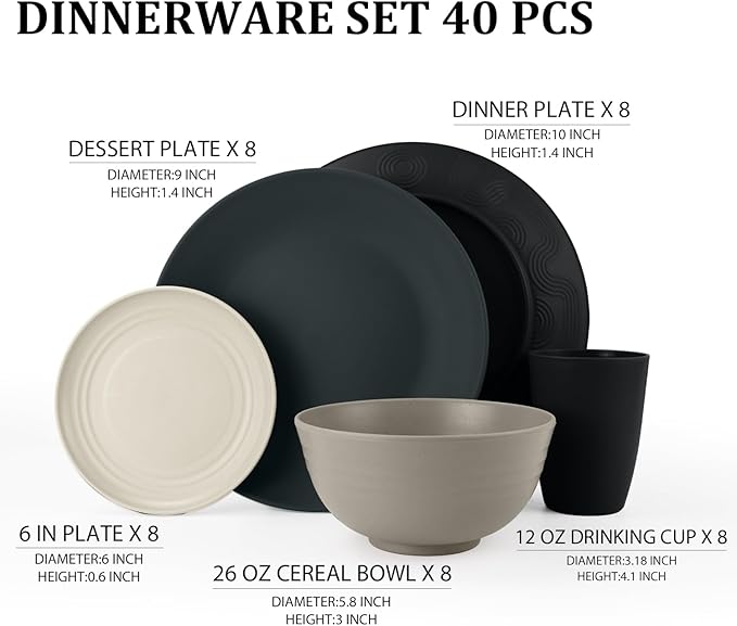 40 PCS Wheat Straw Dinnerware Set | Service for 8 Plastic Dishes Set Unbreakable Plates and Bowls Sets, Drinking Glasses, Dishwasher and Microwave Safe Dish Set for KItchen - Gray Stone
