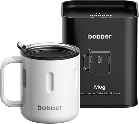 BOBBER 10 oz Insulated Tea Cup with Lid & Handle – Stainless Steel Tea Thermos Cup for Hot and Cold Drinks – Double Walled, & Reusable Travel Mug for Office (White)