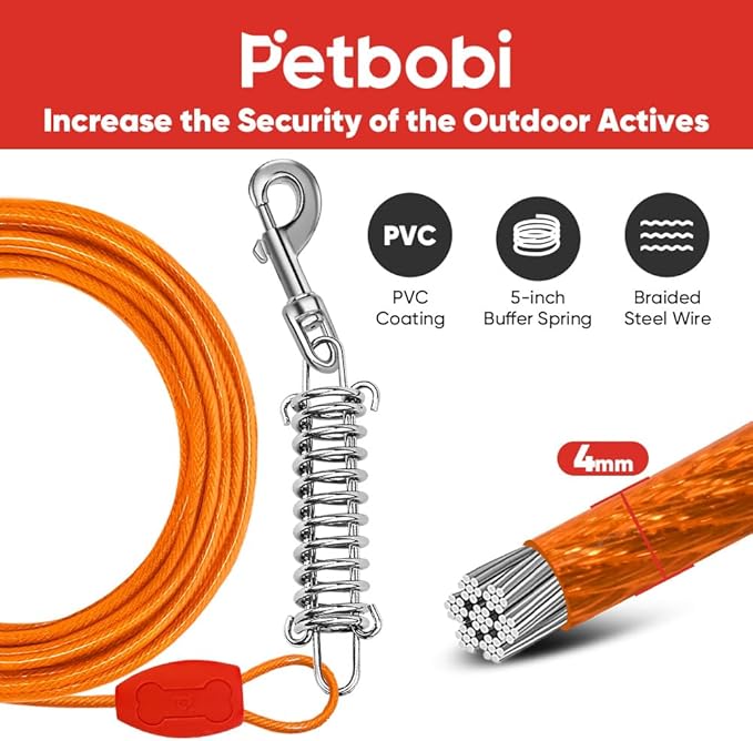 Petbobi Dog Tie-Out Cable and Stake - 30ft Heavy Duty Cable with Spring, No Tangle, 16in Ground Stake, Ideal for Yard, Camping and Beach, Suitable for Small Medium Large Dogs Up to 120 lbs, Orange