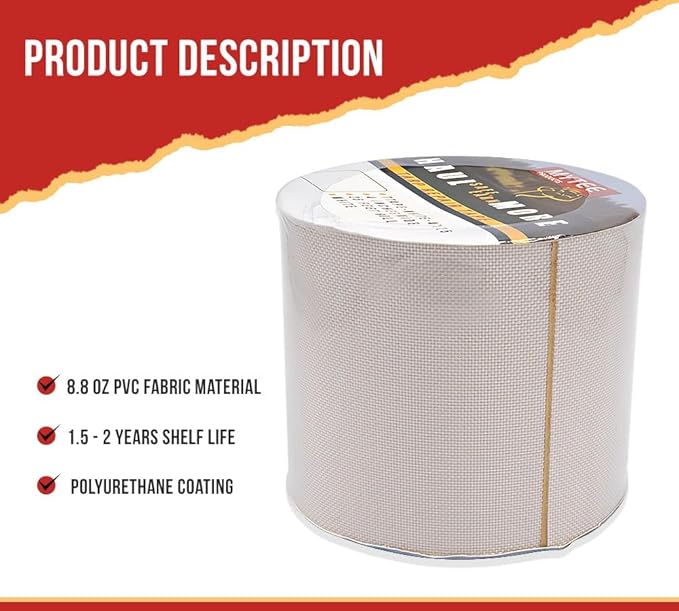 Mytee Products 8.8 oz Waterproof White Vinyl Tarp Repair Tape 4 Inch x 25 FT with Heavy Duty Adhesive Backing - Tarp Repair Kit