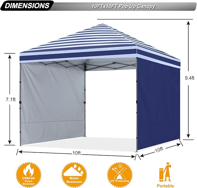 ABCCANOPY Pop up Canopy Tent with 2 Sidewalls for Outdoor Sun Blocking or Rain Protection,10x10, Navy Blue Stripes